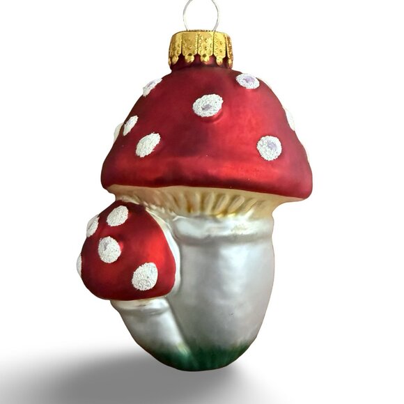 Vintage UT Glass Mushroom Christmas Ornament Red White Glitter Retro Toadstool - Picture 2 of 7